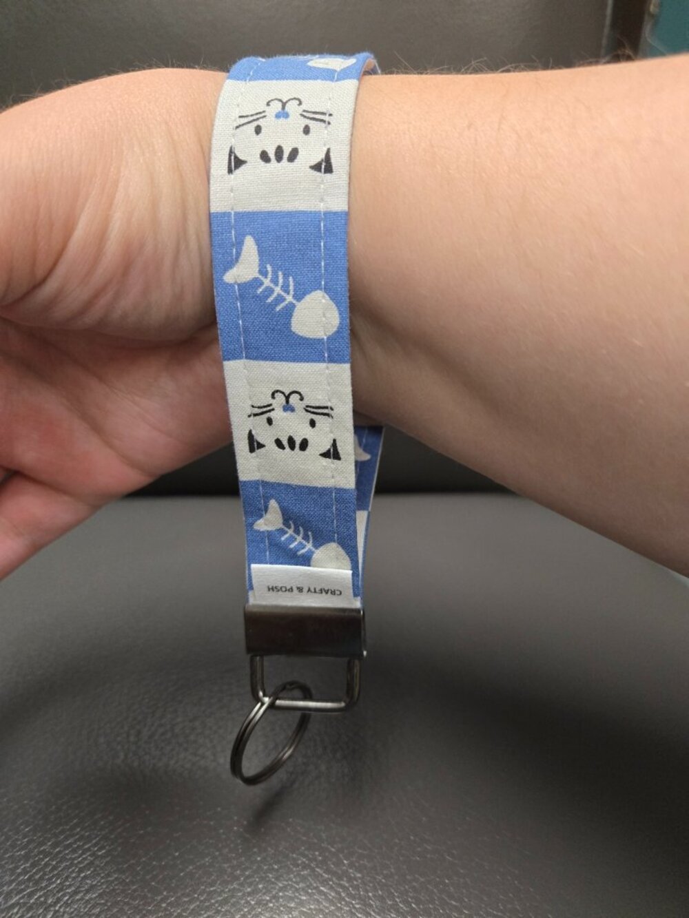 Crafty & Posh Handmade Blue and White Cat Themed Keychain Wristlet